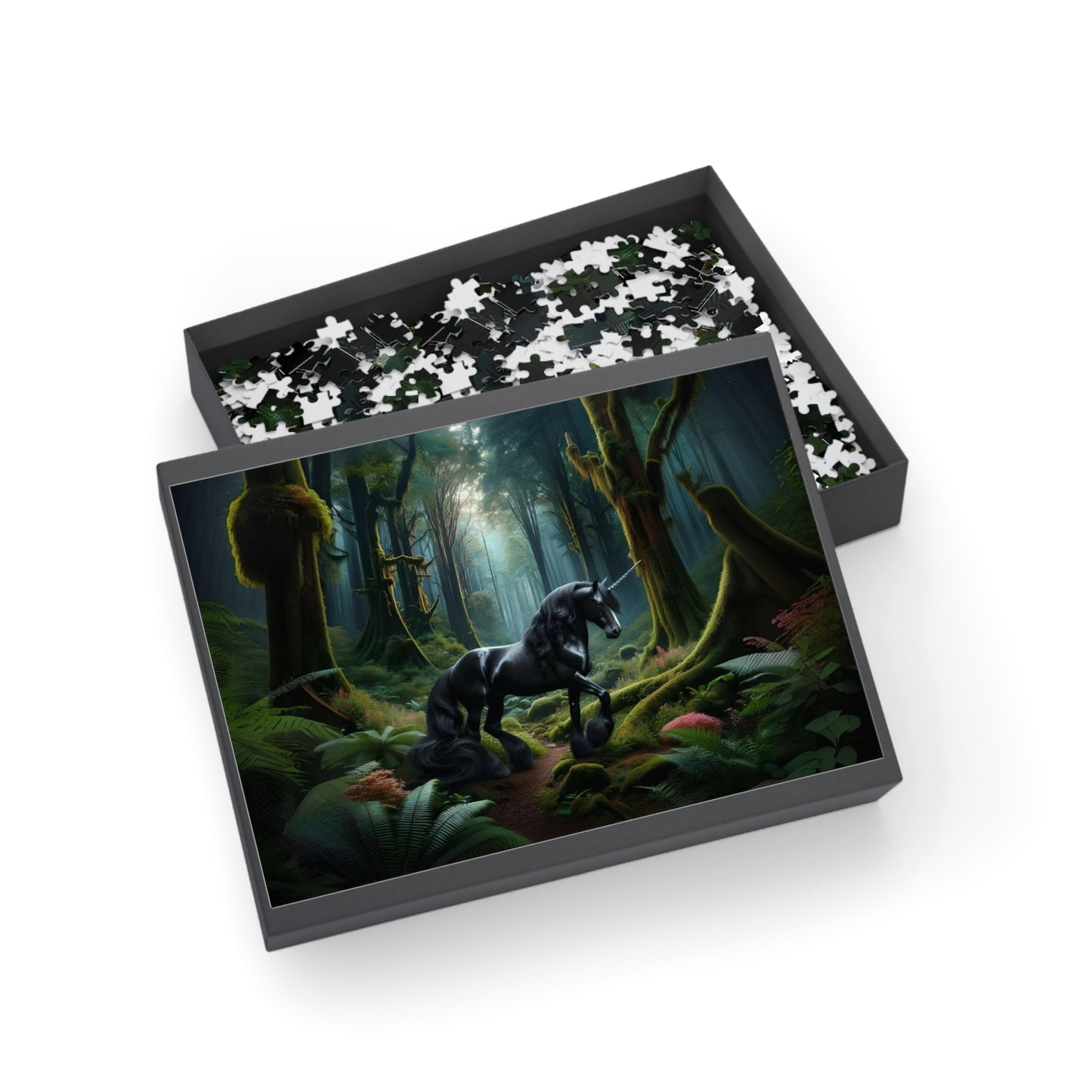 Black stallion unicorn in a forest Puzzle (96, 252, 500, 1000-Piece)